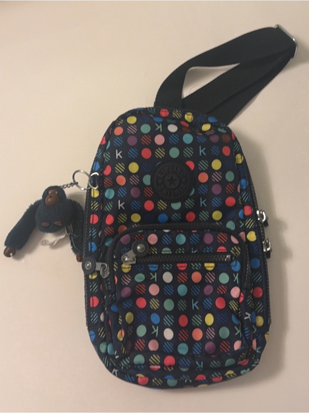 Kipling Black Kids Polka Dot Sling Bag with Monkey Charm